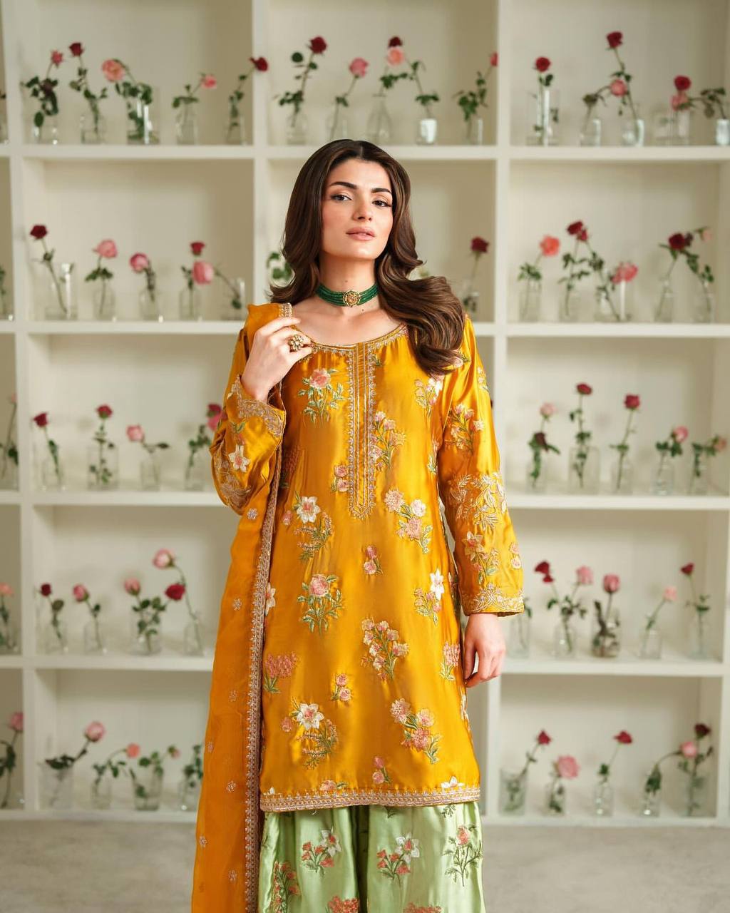 Mustard & Mahendi Floral Embroidery Salwar Suit Fully Stitched