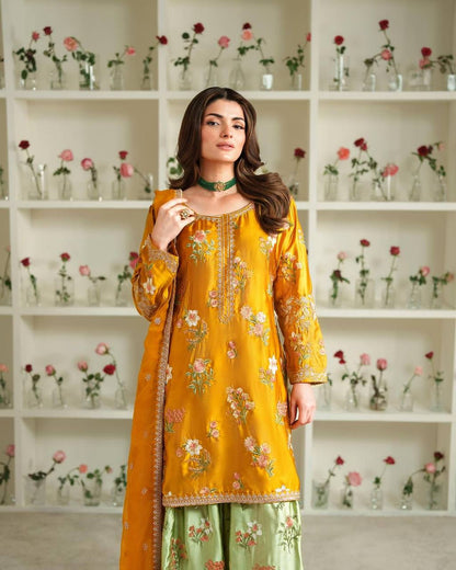 Mustard & Mahendi Floral Embroidery Salwar Suit Fully Stitched