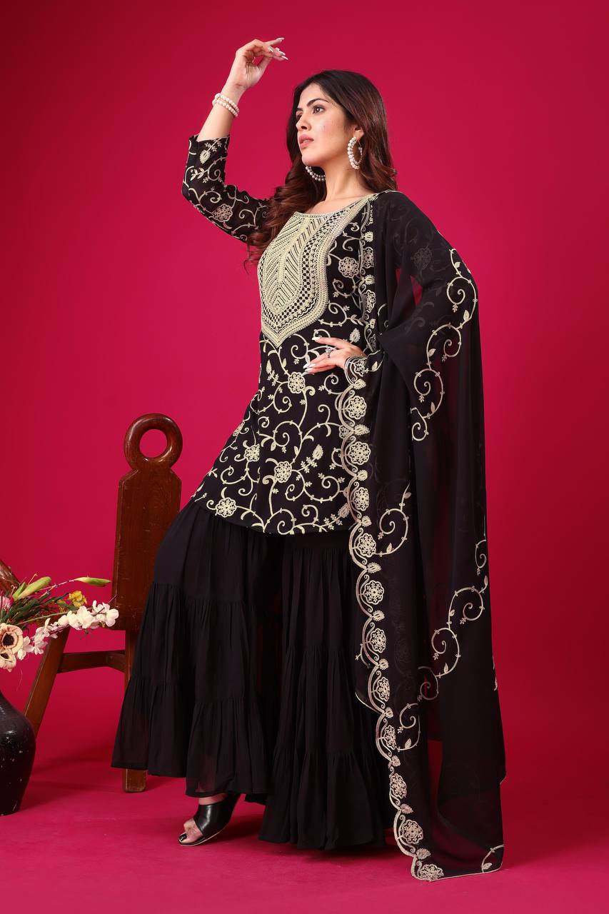 Soft Georgette Black Sharara Set Fully Stitched