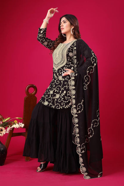 Soft Georgette Black Sharara Set Fully Stitched
