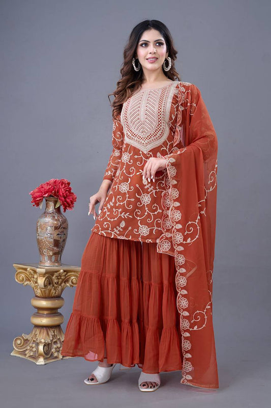 Soft Georgette Parrot Orange Sharara Set Fully Stitched