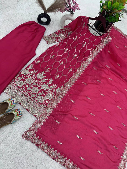 Premium Chinnon Rani Pink sharara set fully stitched