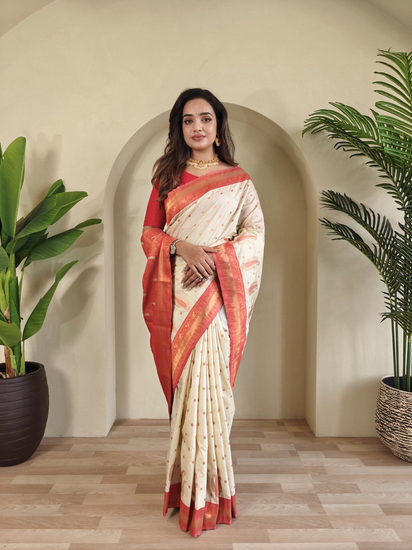 Off white Pure Paithani Silk Saree with rich weaving with Stitched Blouse