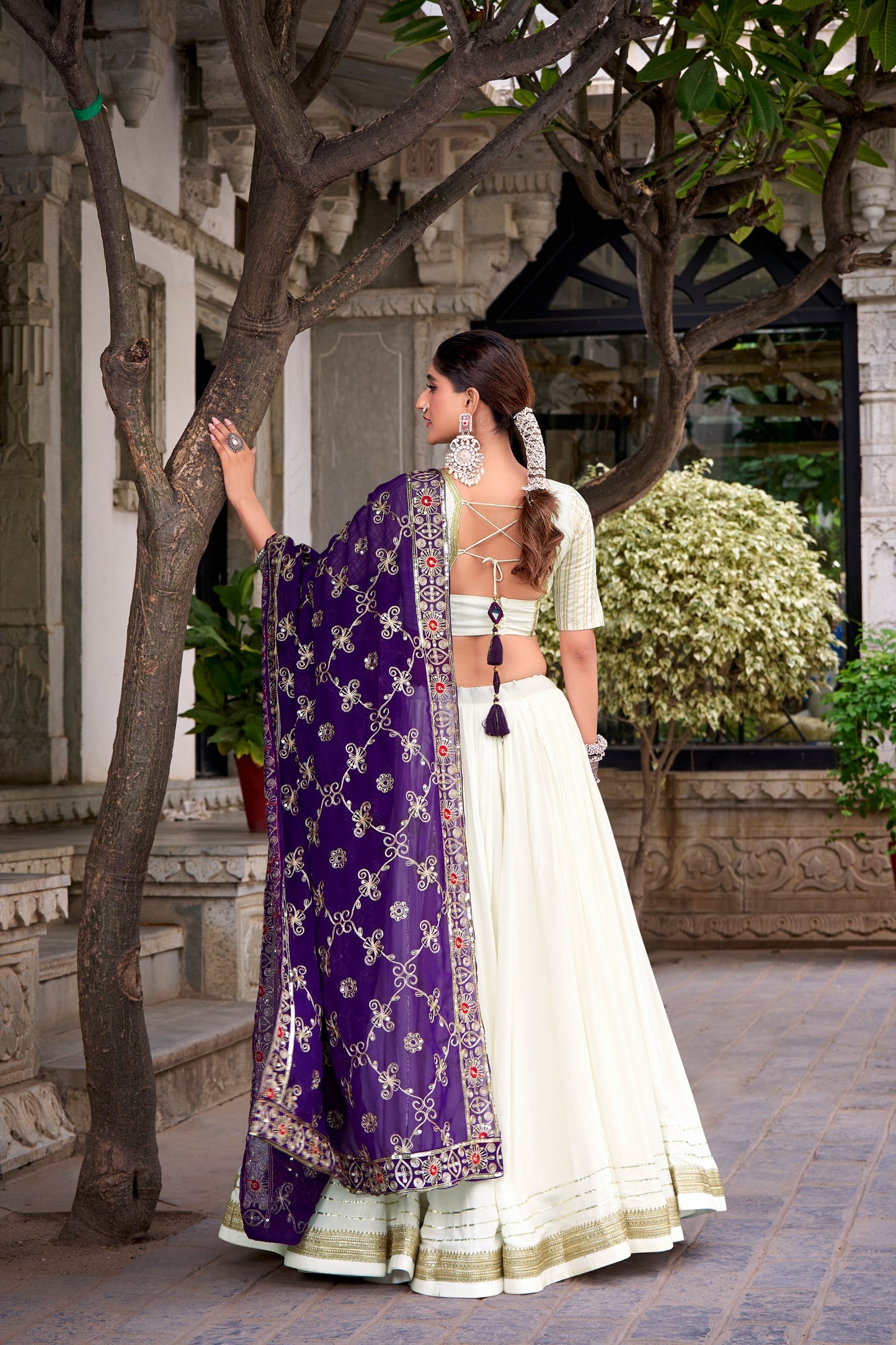 Pankhudi - Premium Rayon Cotton White and Purple Chaniya Cholis Fully Stitched