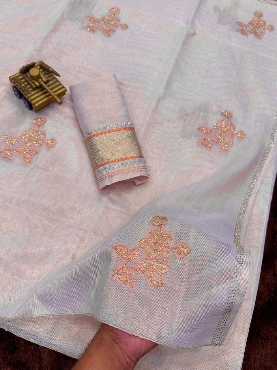 Abha - Premium Copper White Gold Organza Silk Saree with Stitched Blouse Options