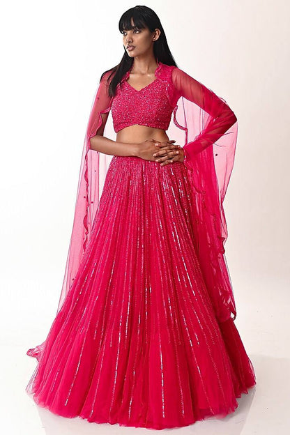 Rani Pink double layered Organza fully stitched lehenga