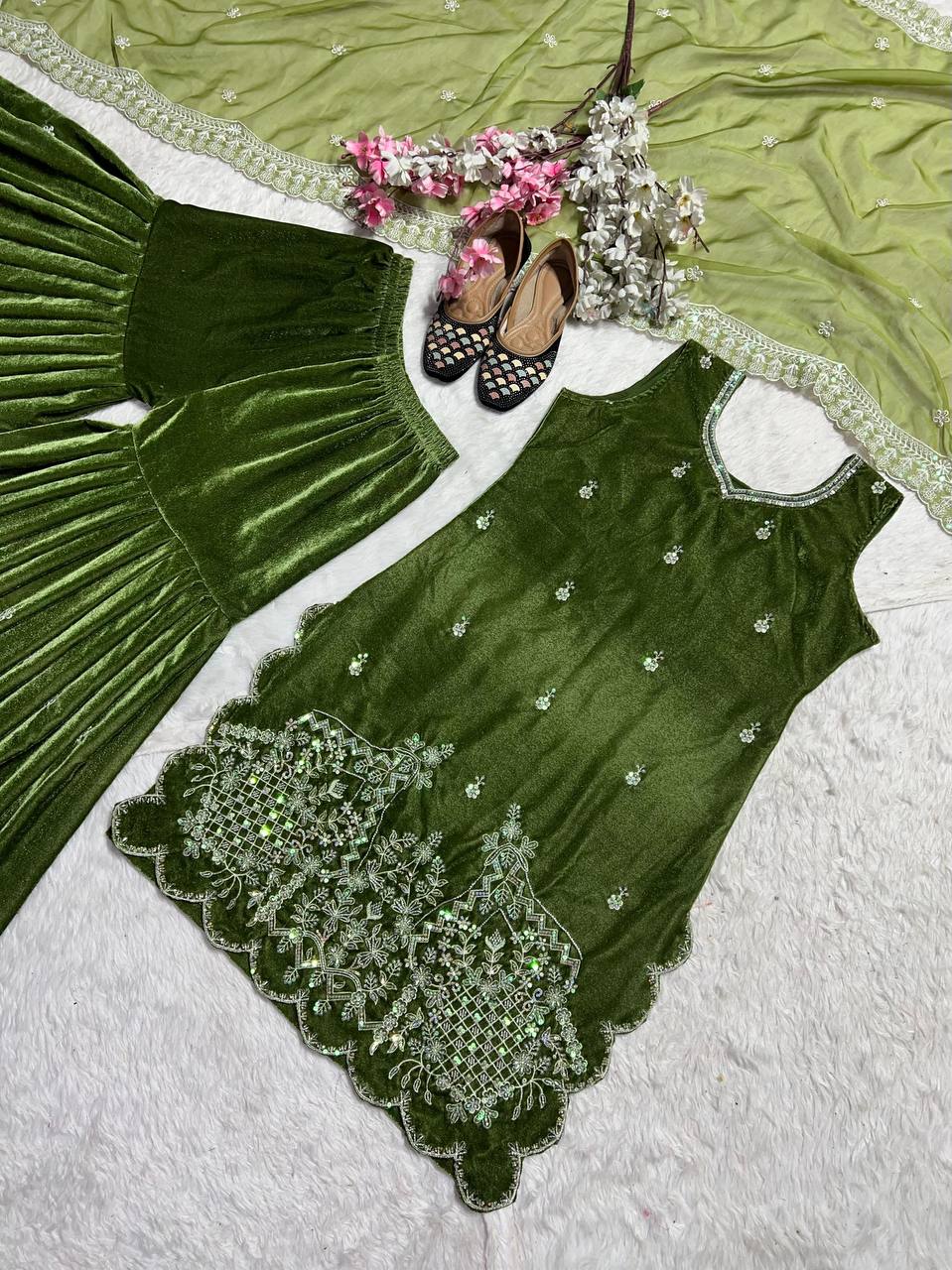 Mahendi Sharara Set fully stitched Premium Velvet fabric