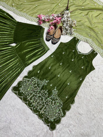 Mahendi Sharara Set fully stitched Premium Velvet fabric