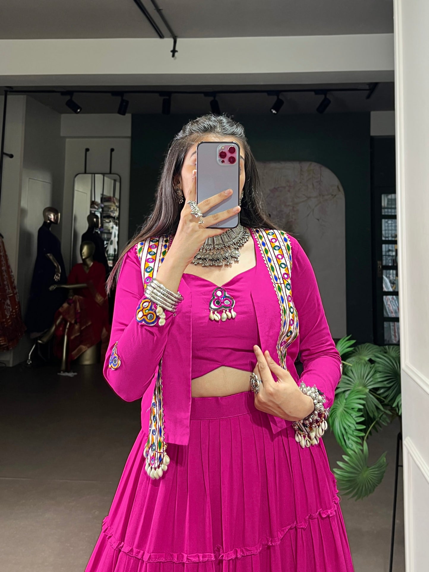 Premium Rayon Cotton With Gamthi and Kodi Work Chaniya Cholis with Koti Jacket Fully Stitched