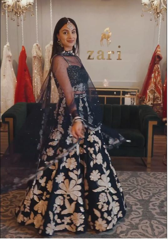 Premium navy blue georgette lehenga with heavy embroidery work fully stitched