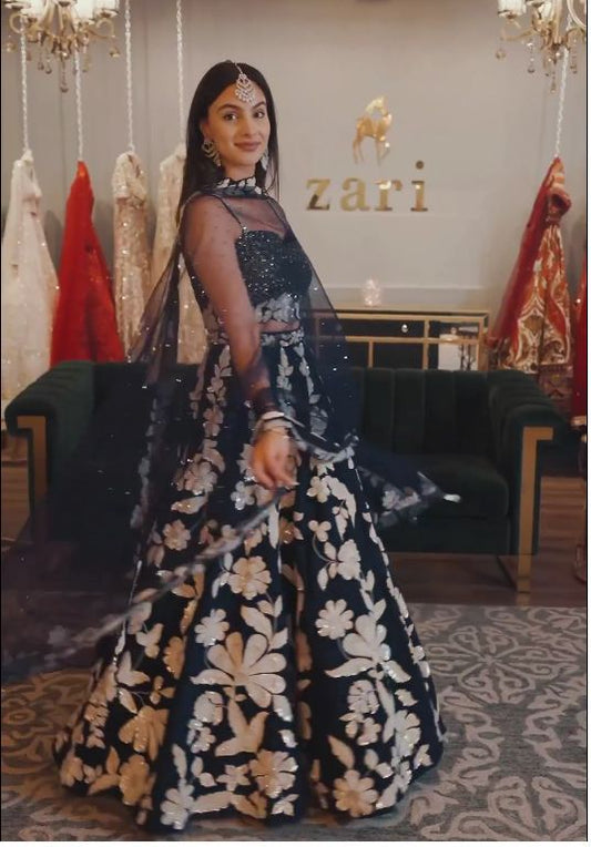 Premium navy blue georgette lehenga with heavy embroidery work fully stitched