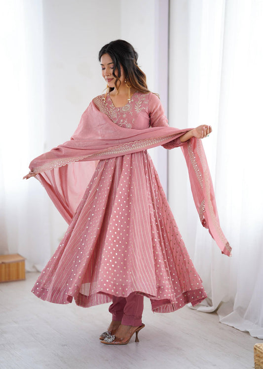 Vedika - Premium Soft Silk Anarkali Gown with Embroidery Sequins Work Fully Stitched