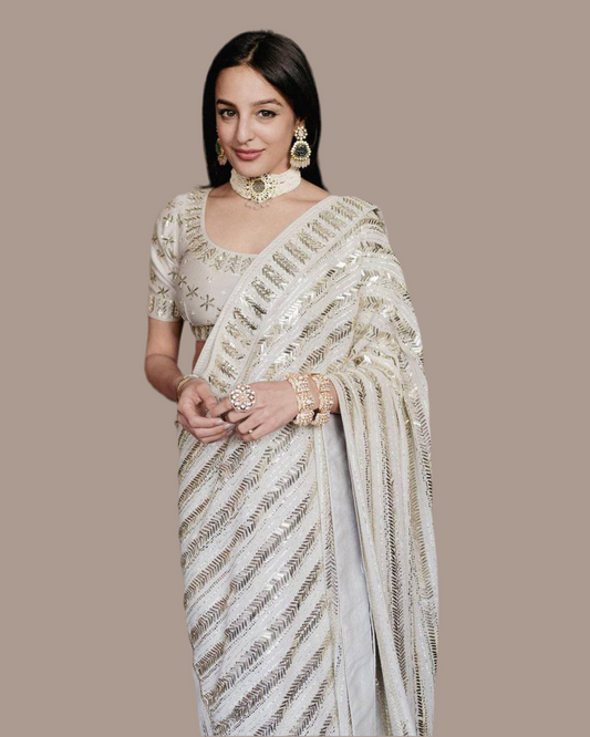 White Georgette sequins saree with stitched blouse