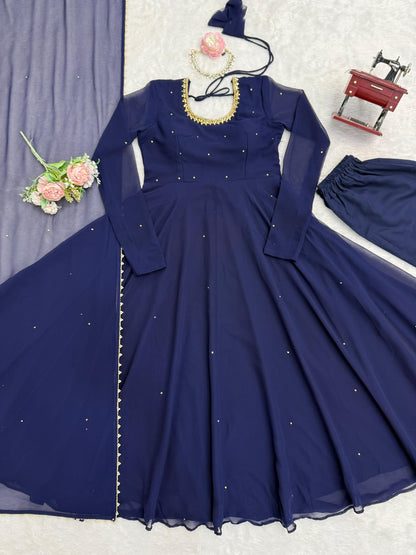 Beautiful Navy Blue Georgette Gown Fully Stitched