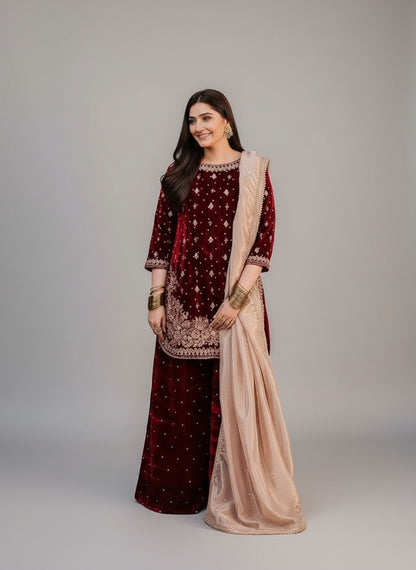 Pure Velvet Maroon Pink Punjabi Suit with Plazo Fully Stitched