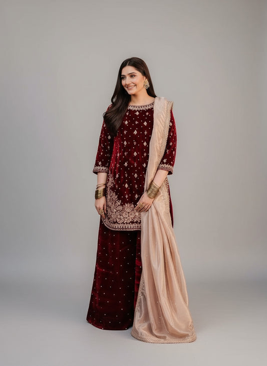 Pure Velvet Maroon Pink Punjabi Suit with Plazo Fully Stitched
