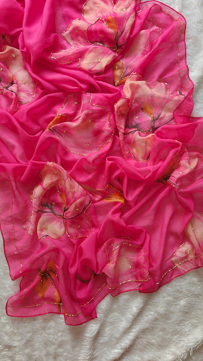 Floral Pink Soft Silk Lightweight Saree with Stitched Blouse Options
