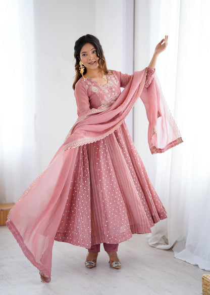 Vedika - Premium Soft Silk Anarkali Gown with Embroidery Sequins Work Fully Stitched