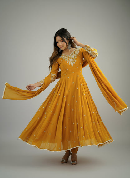 Mustard Premium Faux Georgette Anarkali Gown with Beautiful Work Fully Readymade
