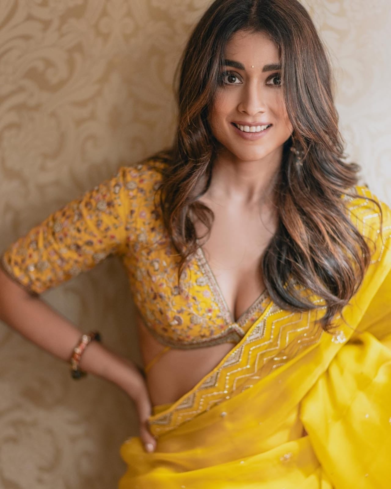 Mustard organza with sequins work celebrity style saree with stitched blouse