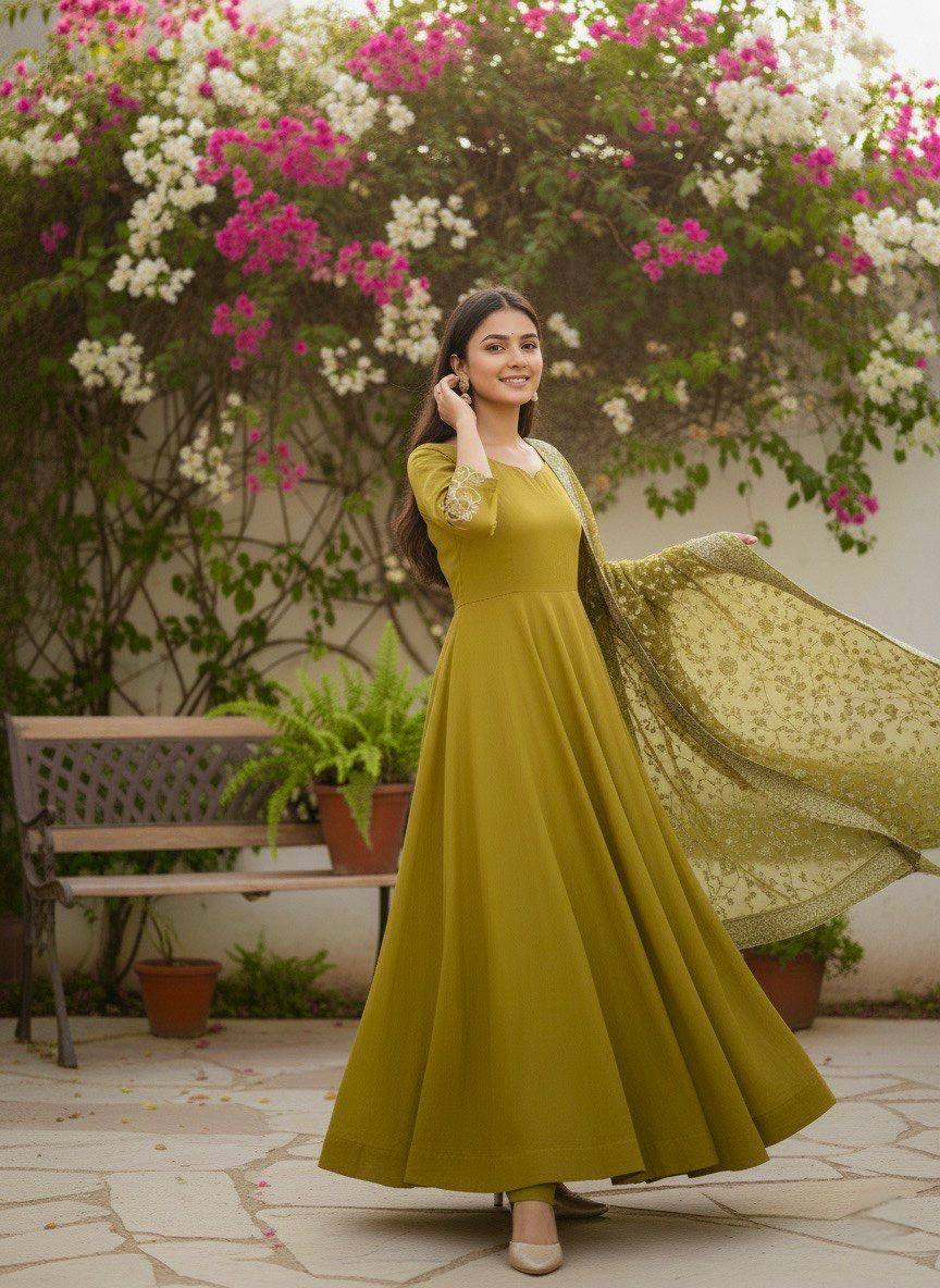 Mehendi Chiffon Classic Minimal Gown with Embroidered Dupatta Fully Stitched