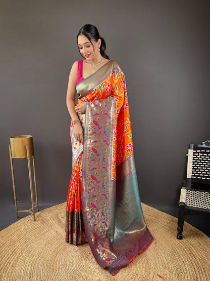 Premium Soft Silk With Rich Patola Weaving and Contast Pallu with Stitched Blouse
