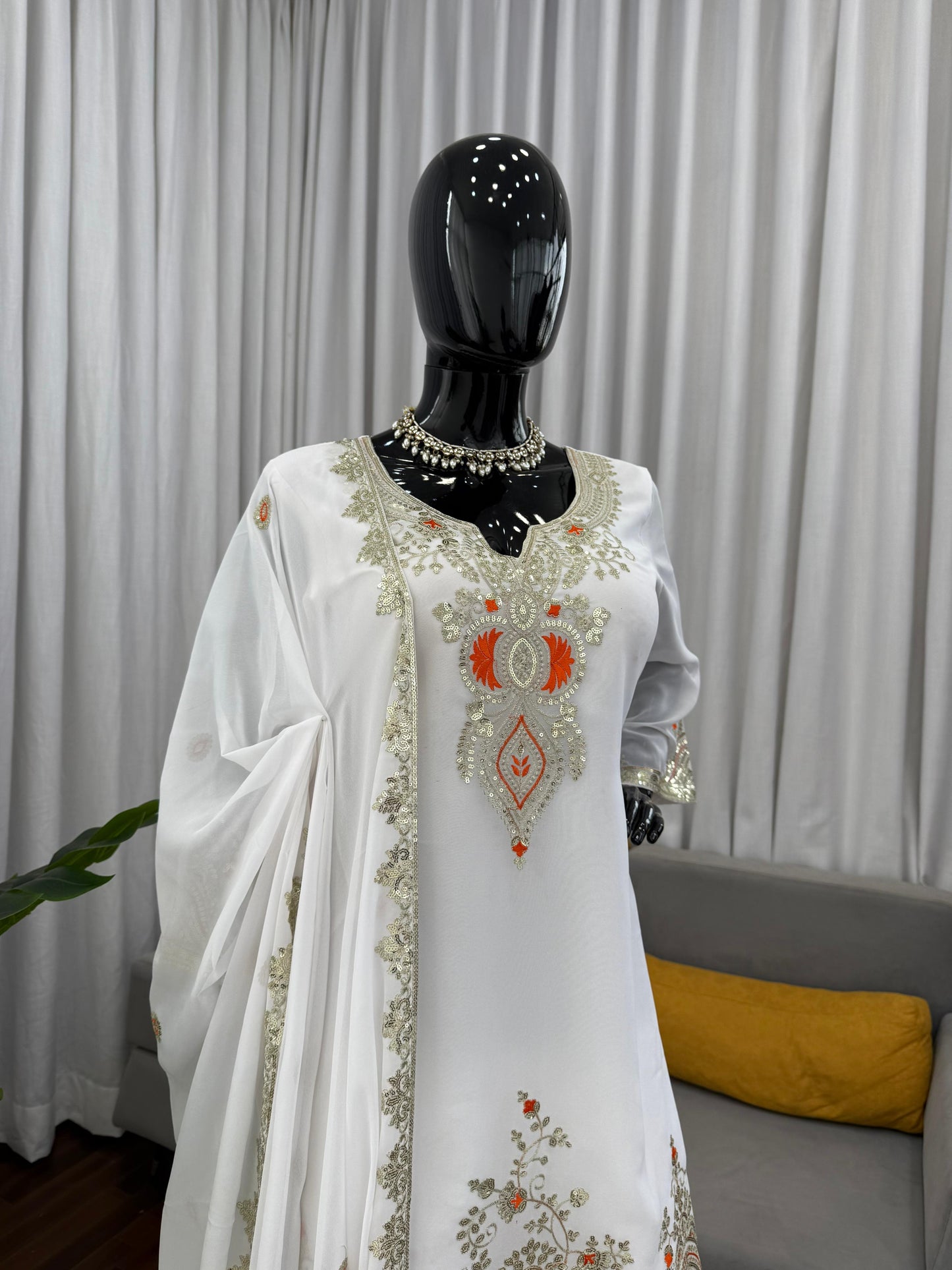 Premium Black or White Embroidered Fully Stitched Sharara Set in Readymade Sizes