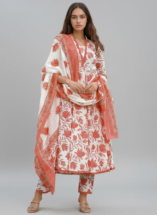 Orange & White Soft Cotton Floral Printed Kurti Set for all occasions