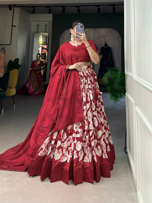 Red Navratri Special Tussar Silk Floral Printed Fully Stitched Lehenga Choli