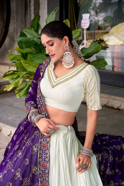 Pankhudi - Premium Rayon Cotton White and Purple Chaniya Cholis Fully Stitched