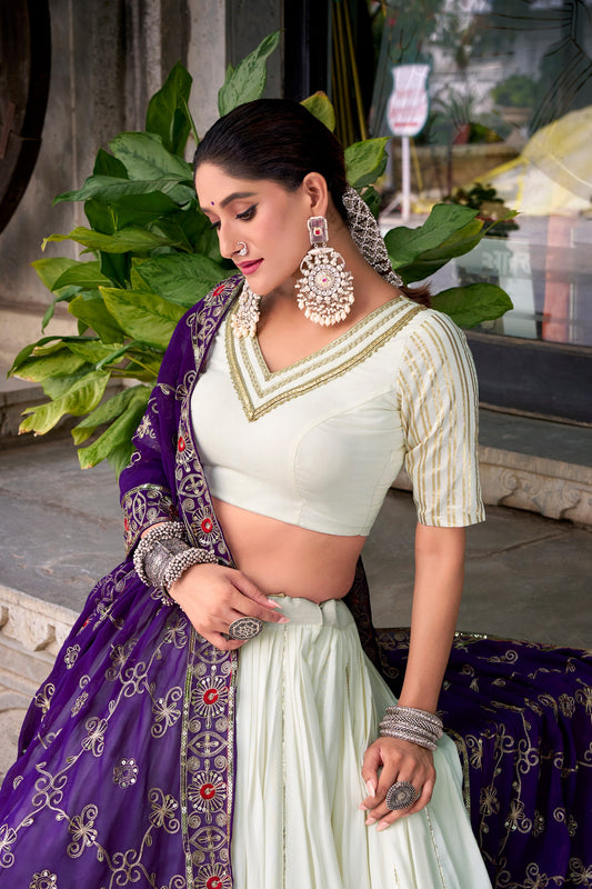 Pankhudi - Premium Rayon Cotton White and Purple Chaniya Cholis Fully Stitched