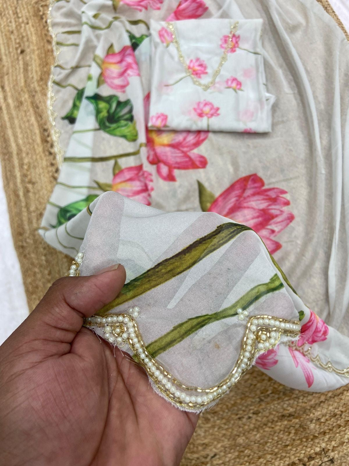 Soft Silk Floral Val Moti Work Border Saree With Stitched Blouse Options