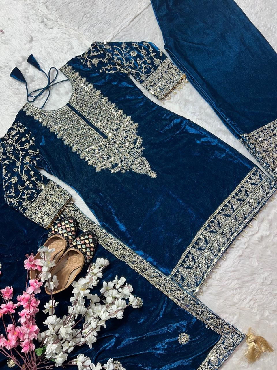 Noor - Bottle Green Premium Velvet Fabric with beautiful Embroidery Suit Fully Stitched