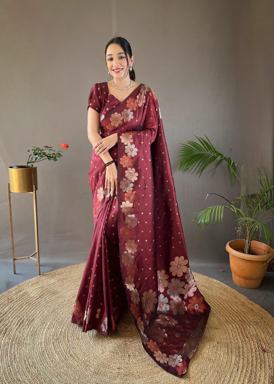 Palki - Soft Silk Copper and Gold Zari Weaving Flower Weaved Saree with Stitched Blouse Options