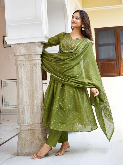 Vasant Vibe by Kiara - Beautiful Mehendi Cotton Anarkali Readymade Suit