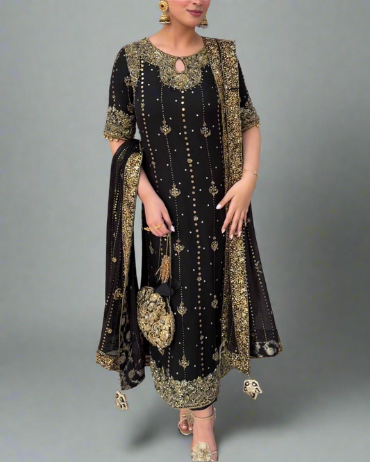 Riwaaz - Soft Georgette Gold Sequins Work Readymade Suit