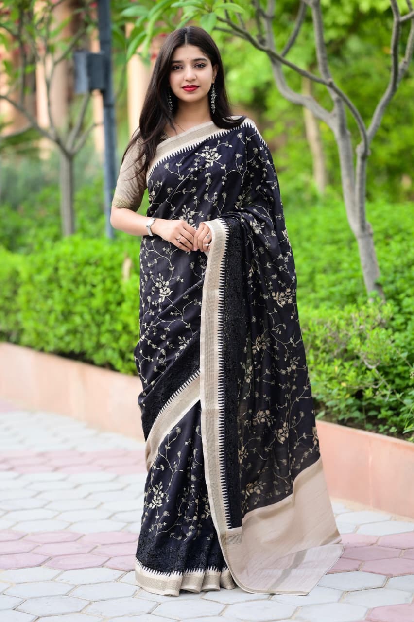 Evika - Premium Tussar Cotton Saree with Cut Work & Stitched Blouse