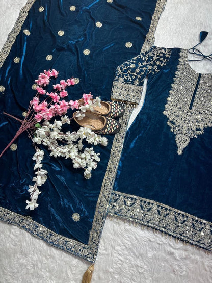 Noor - Bottle Green Premium Velvet Fabric with beautiful Embroidery Suit Fully Stitched