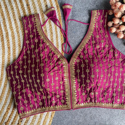 Premium Silk Fabric Heavy Thread and Sequins Embroidered Readymade Blouse