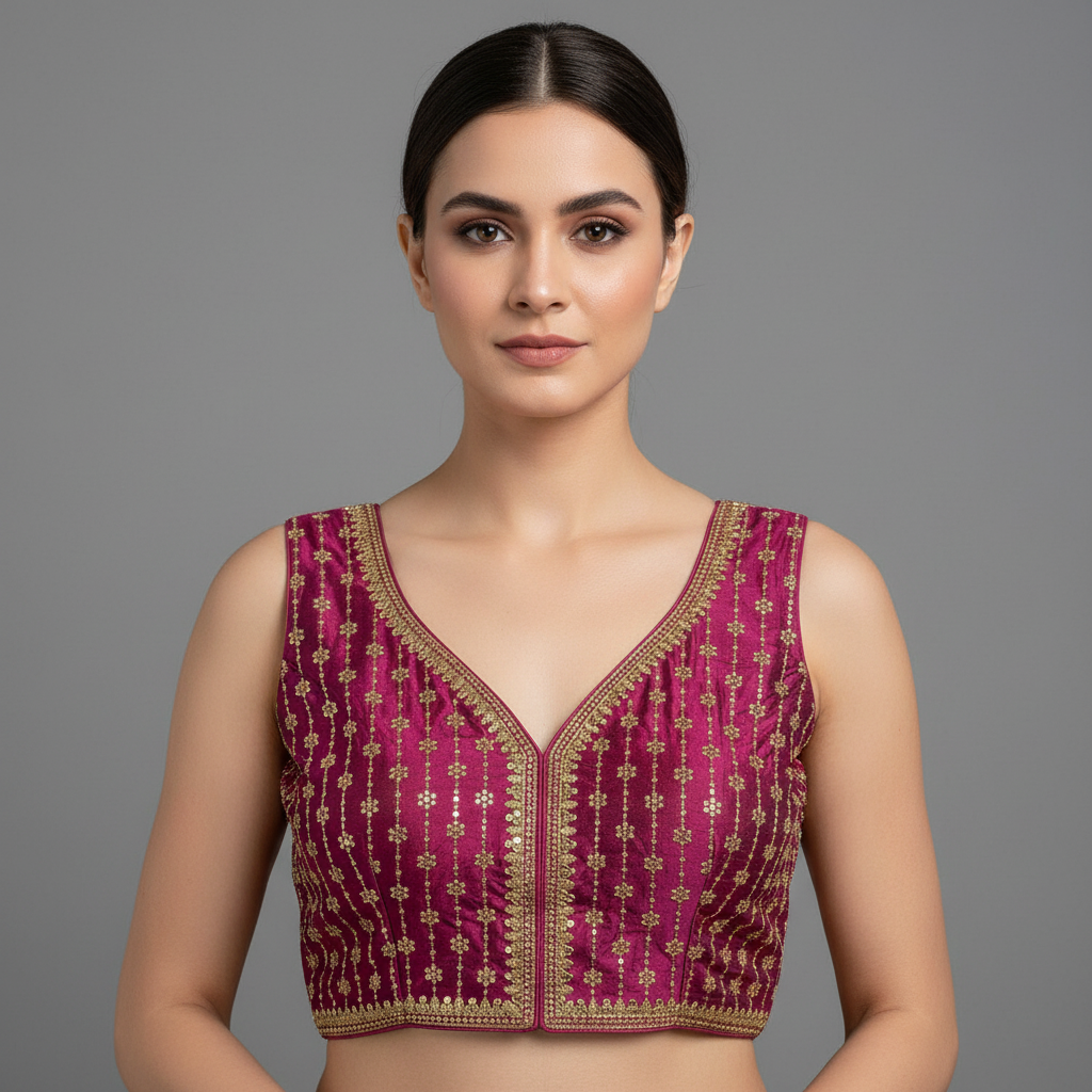 Purple embroidered blouse with gold details on a striped fabric background