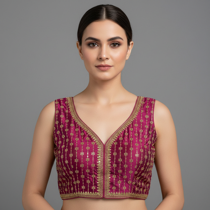 Purple embroidered blouse with gold details on a striped fabric background