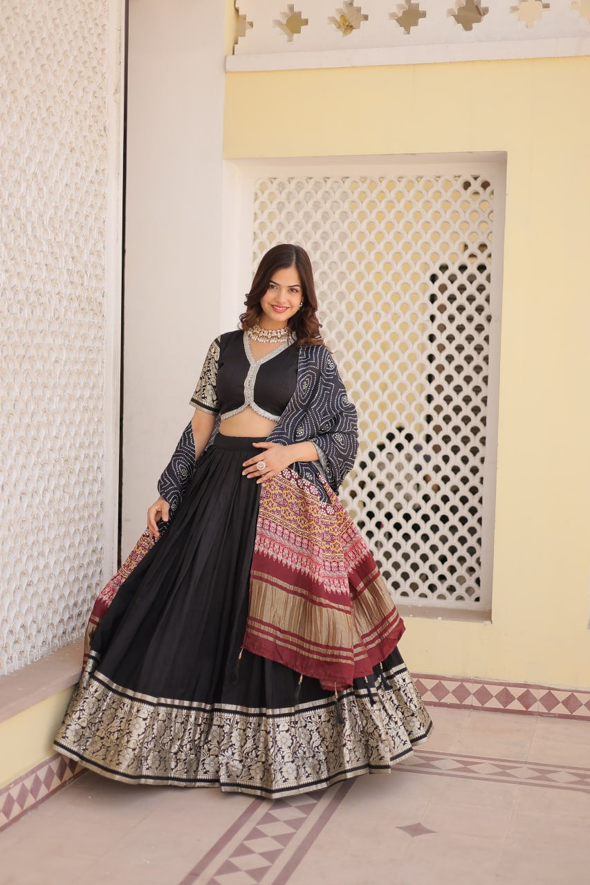 Fully stitched Black Premium Viscose Lehenga with Gaji silk Dupatta