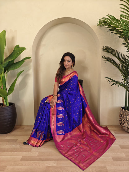 Royal Blue Pure Paithani Silk Saree with rich weaving with Stitched Blouse
