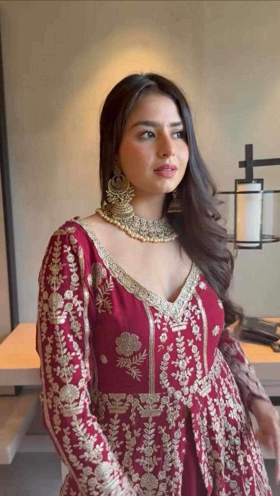 Mohe - Beautiful Magenta Wine Georgette Fusion Lehenga Fully Stitched