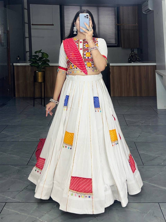 Pure Cotton Navratri Special Off White Vibrant Chaniya Choli Fully Stitched