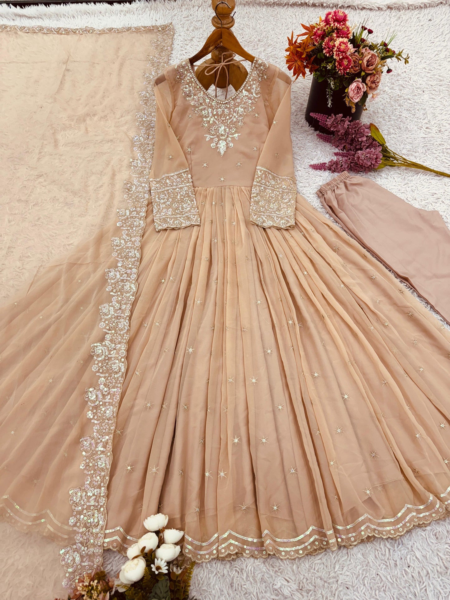 Chickoo Colour Soft Georgette Anarkali Gown Fully Stitched