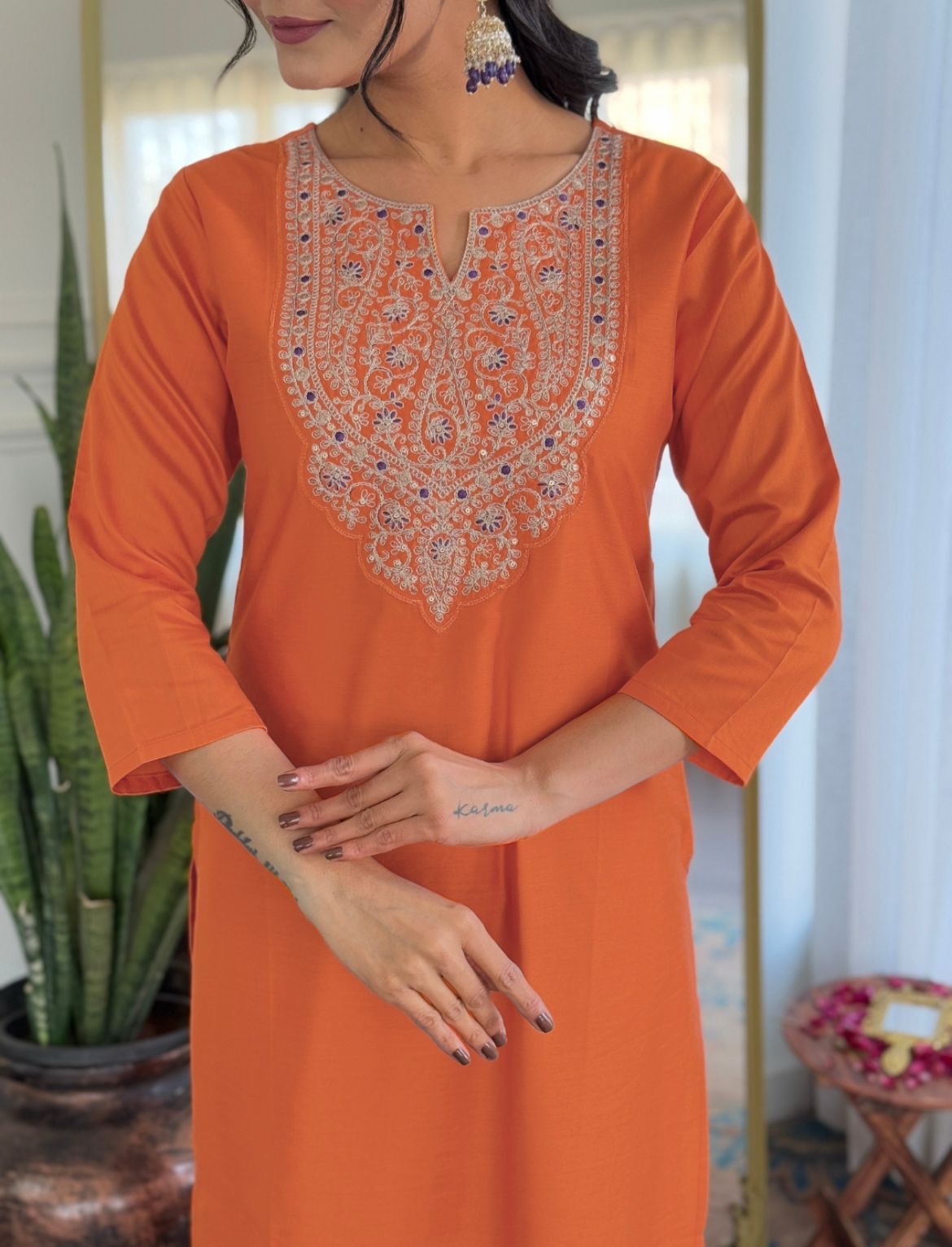 Peachy Orange Soft Rayon Kurti Set with Minimal Embroidery at Neck