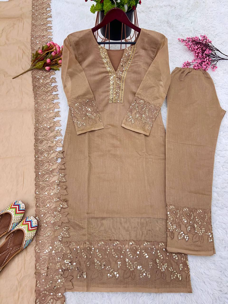 Premium Brown Chanderi Silk Readymade Suit