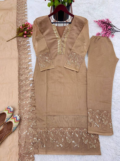 Premium Brown Chanderi Silk Readymade Suit