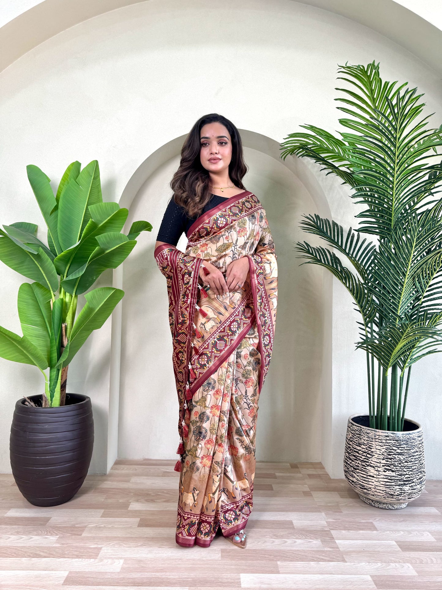 Ramya - Beautiful Dola Silk Printed Saree with Stitched Blouse Options
